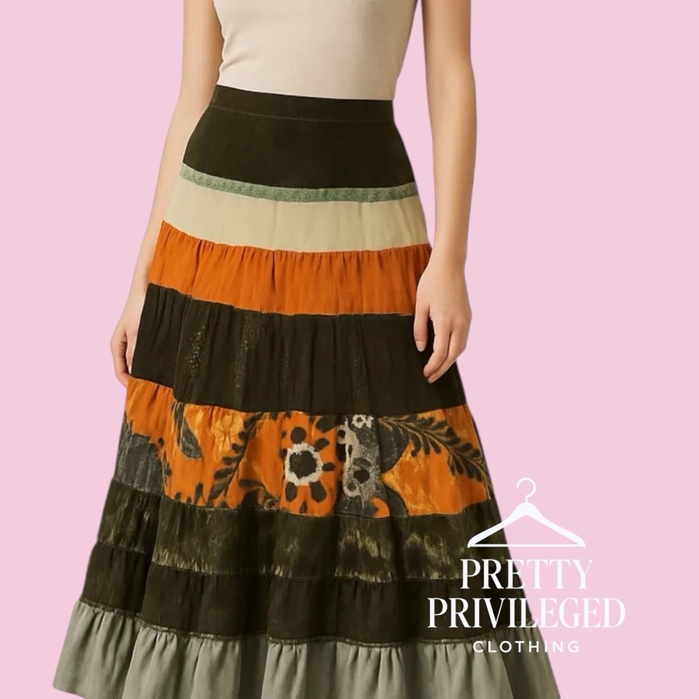 Baranda Vintage Velvet Multicolor Tiered Maxi Skirt